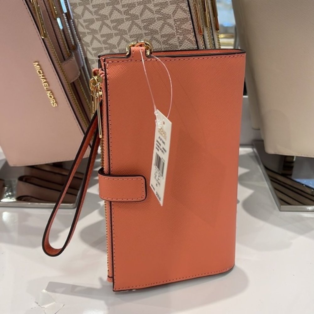Michael Kors Jet Set Travel Leather Large Double Zip Wallet Wristlet Sherbert - Picture 10 of 16